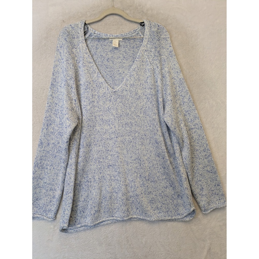 H&M Pullover Sweater Women's XL Blue White Marled V-Neck Relaxed Fit Long Sleeve